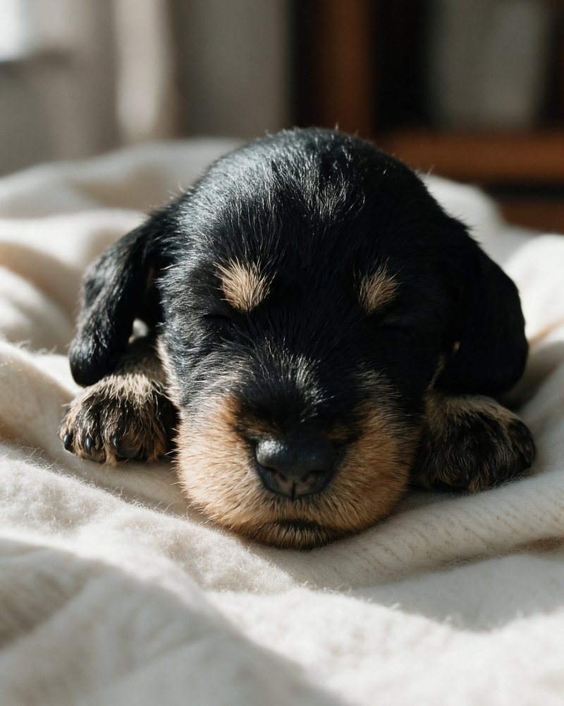 Un cucciolo di bassotto a pelo duro con il mento appoggiato su una coperta di lino, vicino alla finestra