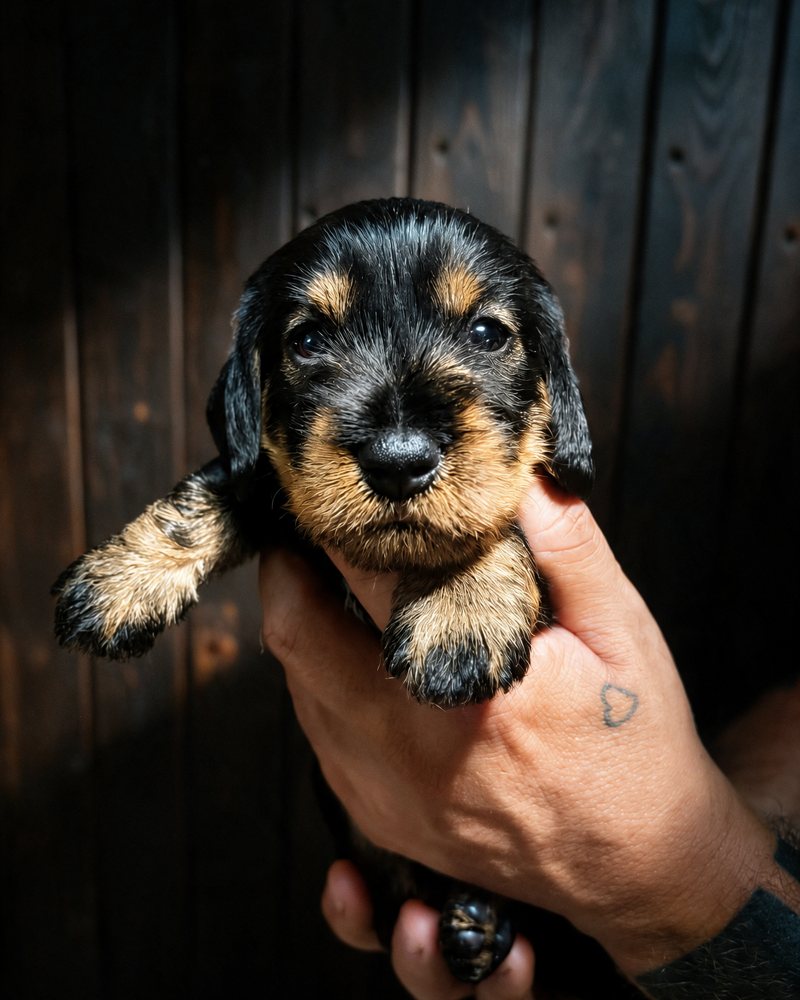 Un cucciolo di bassotto a pelo duro tenuto in una mano davanti a una parete di legno