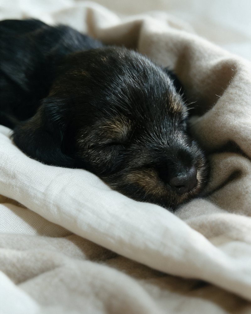 Un cucciolo di bassotto appena nato addormentato in un nido di coperte di lino
