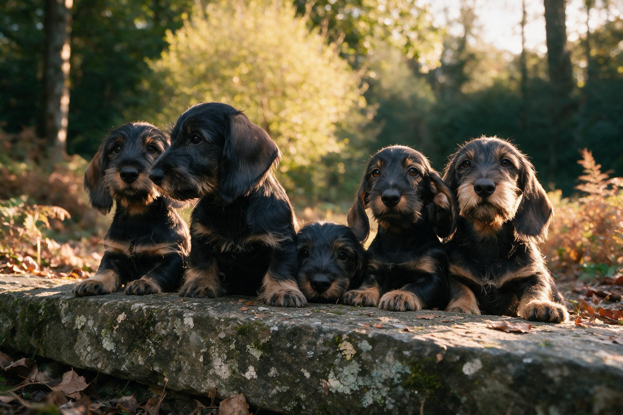Cinque cuccioli di bassotto a pelo duro raccolti su un vecchio gradino di pietra muschiosa nel bosco, la luce del mattino alle spalle.