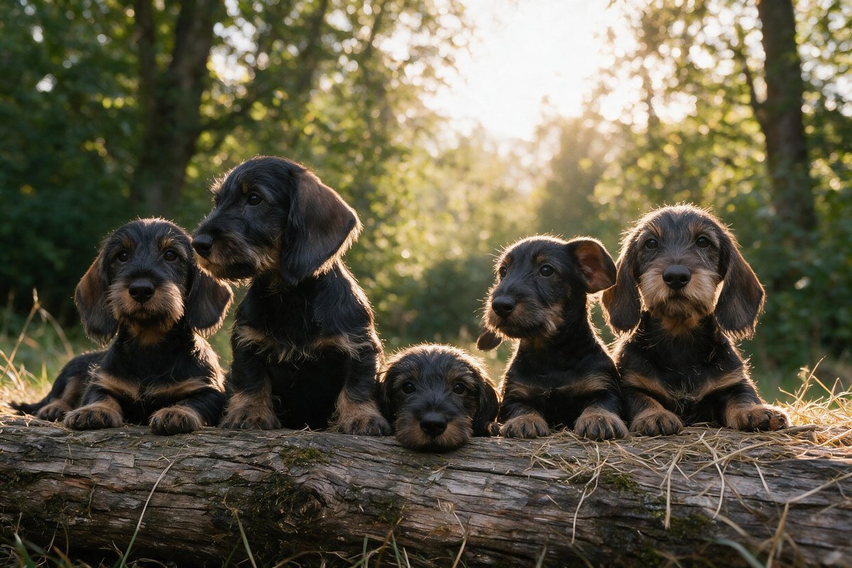 Cinque cuccioli di bassotto a pelo duro riposano lungo un tronco caduto, in controluce sotto il sole basso tra gli alberi
