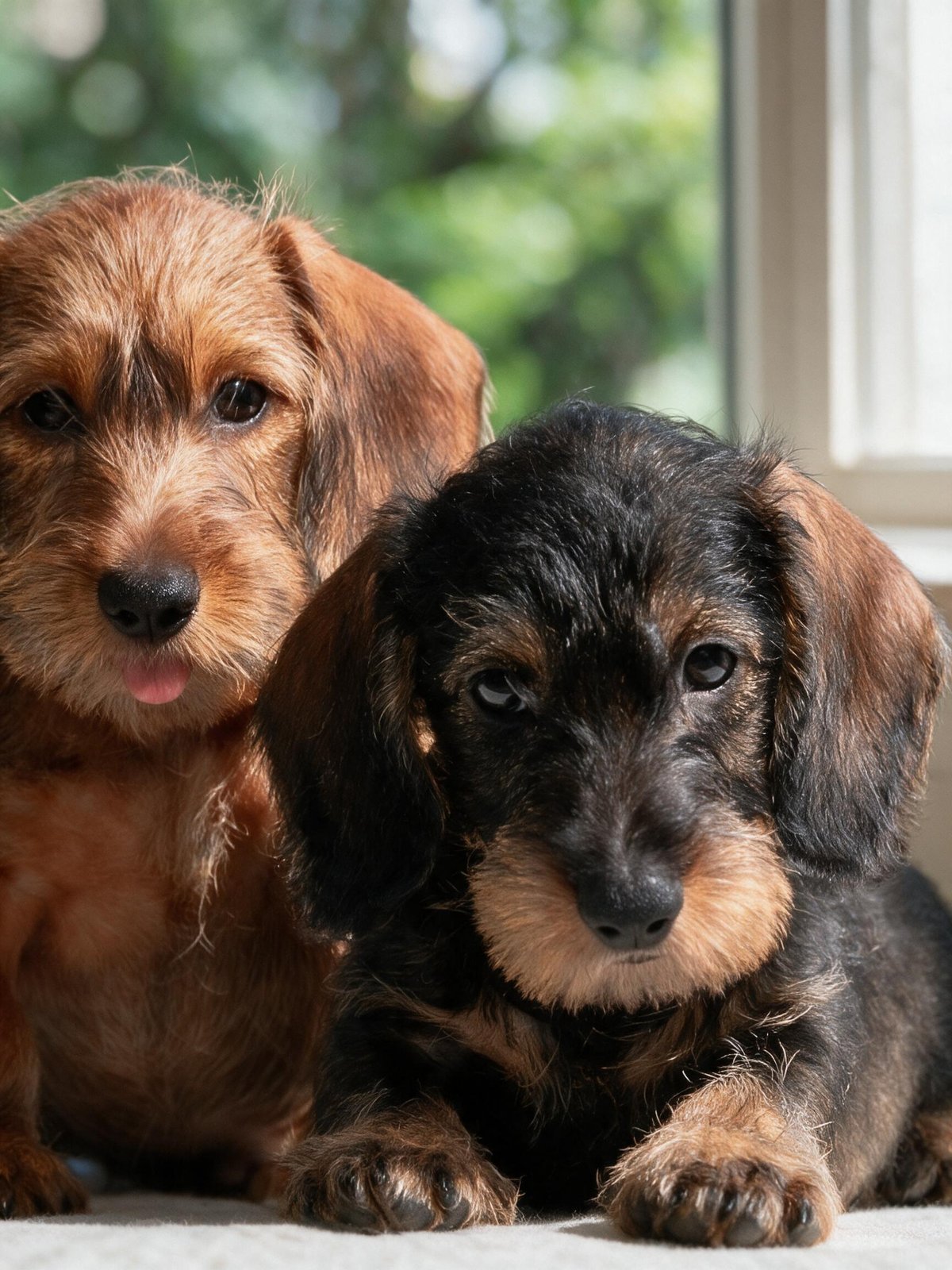 Due cuccioli di bassotto guancia a guancia accanto a una finestra, uno rosso con la lingua appena visibile, uno nero focato