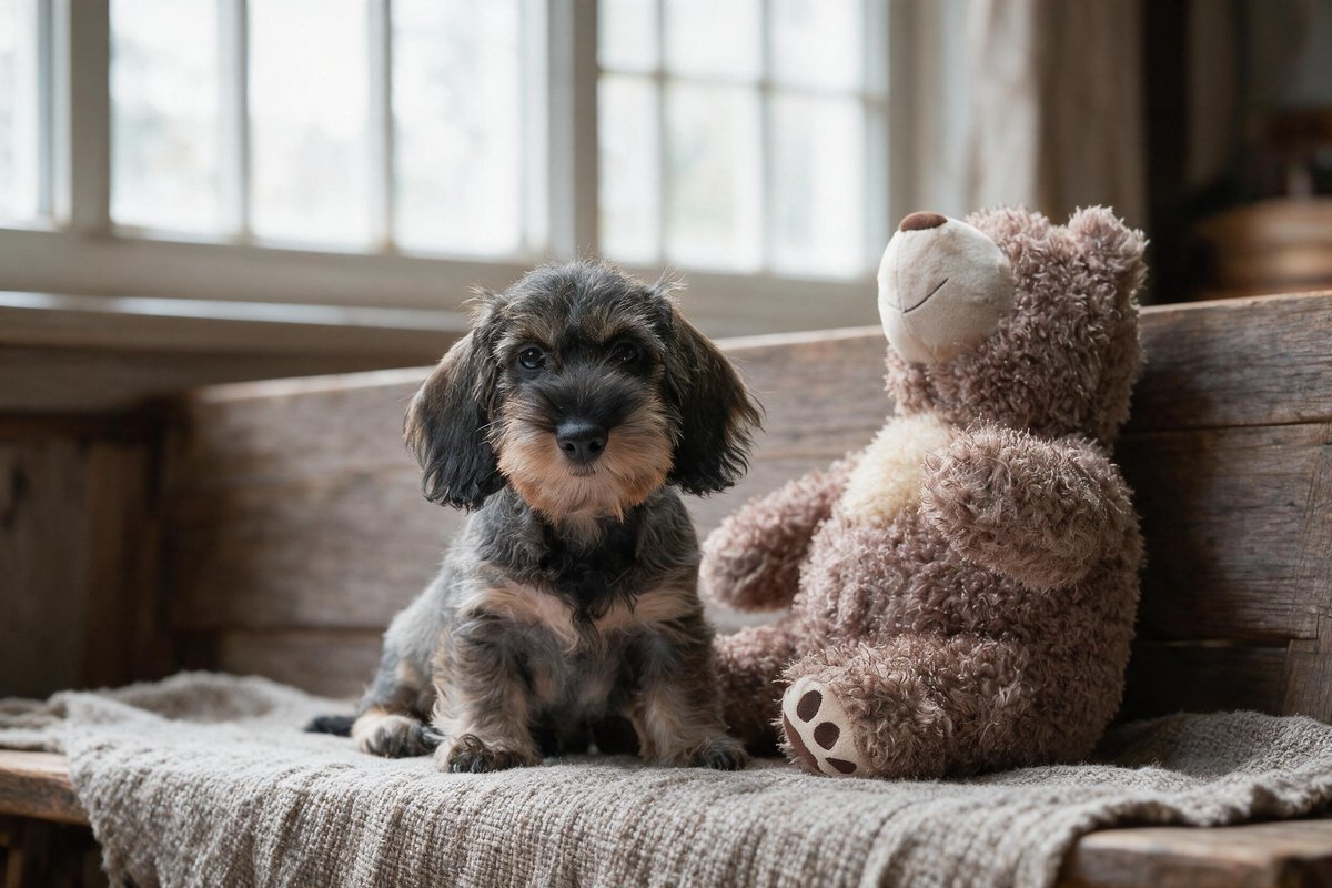 Un cucciolo di bassotto seduto accanto a un orsacchiotto di peluche su un plaid di maglia, le finestre dietro
