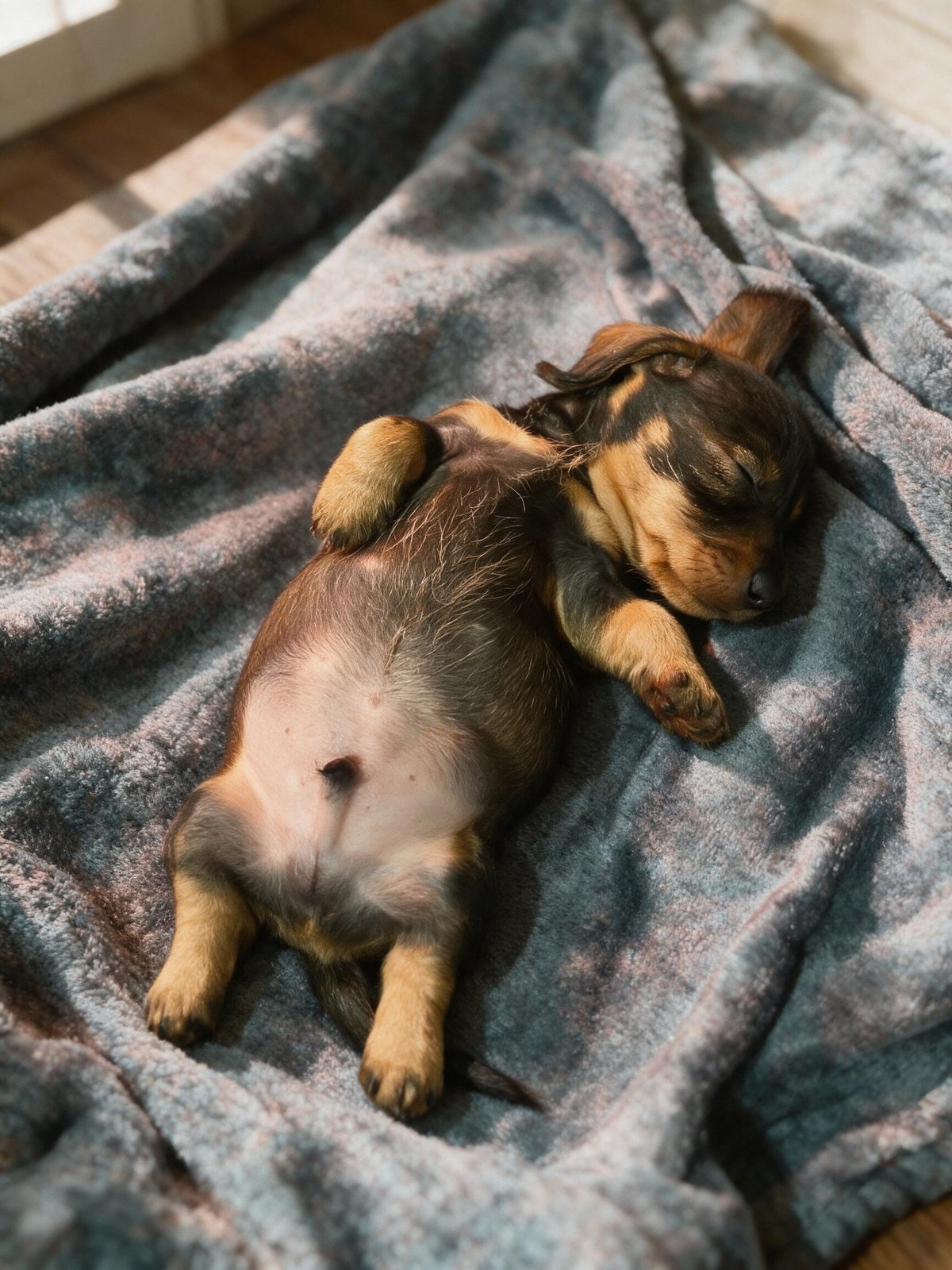 Un cucciolo di bassotto appena nato dorme sulla schiena su una coperta di lana, le zampe raccolte