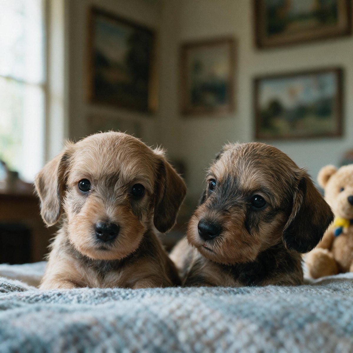 Due cuccioli di bassotto fianco a fianco su una coperta, dietro un orsacchiotto e piccoli paesaggi incorniciati