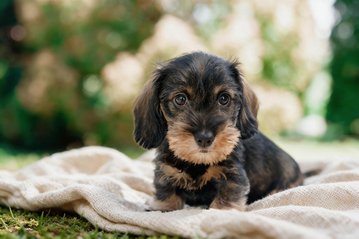 Un cucciolo di bassotto nero focato sdraiato su una coperta di lino intrecciato distesa sul prato