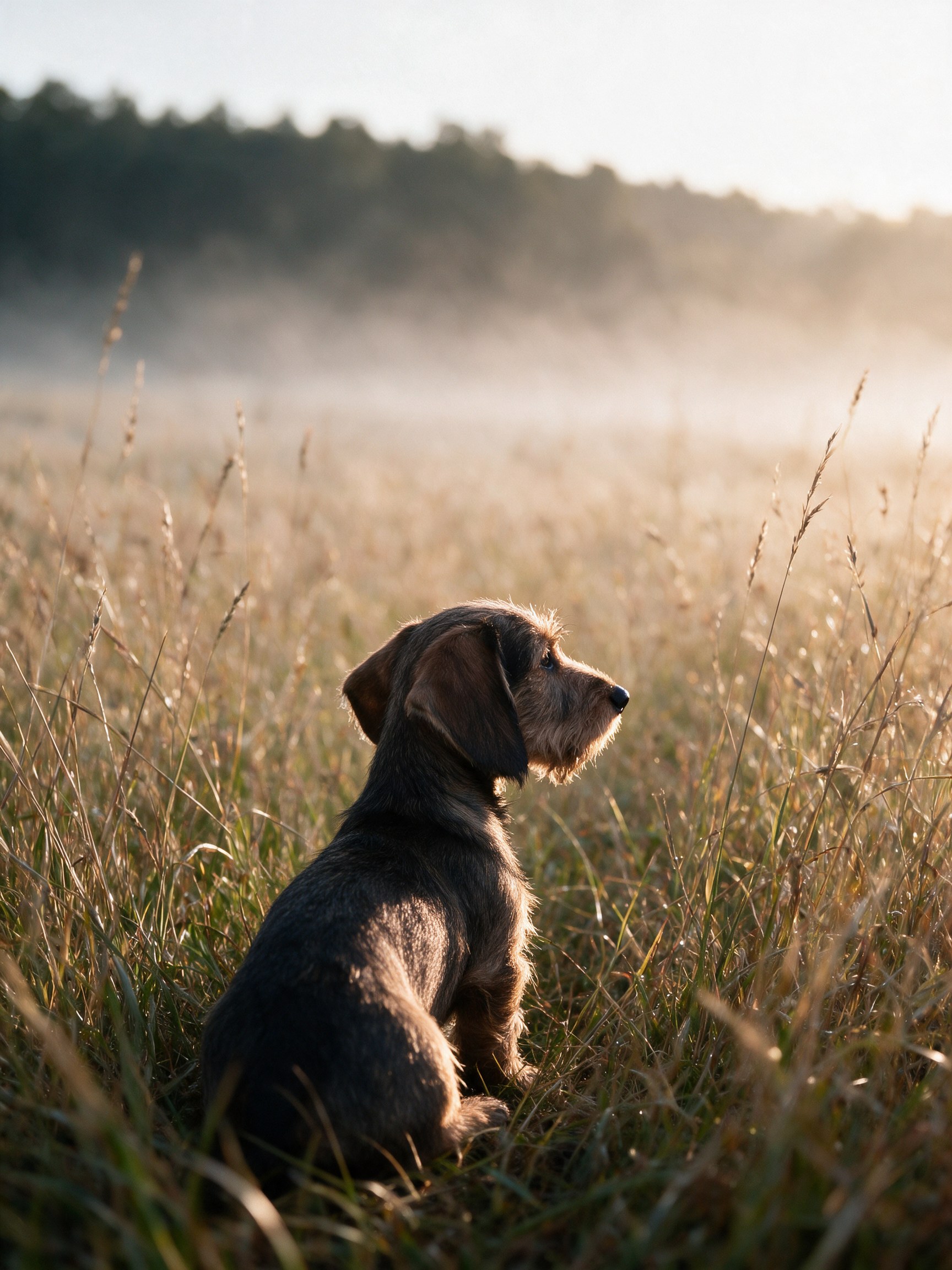 Un giovane bassotto a pelo duro nell’erba alta dell’alba, lo sguardo rivolto verso la luce nella nebbia